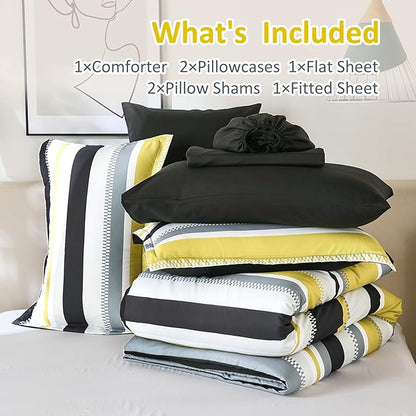 WONGS BEDDING Yellow Comforter Queen Size Set, 7 Pieces Bed in a Bag Yellow and Black Comforter Set, Soft Boho Striped Bedding Sets with Sheets, Pillowcases & Shams