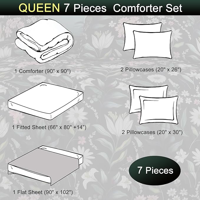EVENHUG Queen Comforter Set 7 Pieces Lightweight Soft Queen Size Comforters for All Season Floral Bedding Sets Bed in a Bag with Flat Sheet and Fitted Sheet Pillowcases (90"x90")