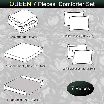 EVENHUG Queen Comforter Set 7 Pieces Lightweight Soft Queen Size Comforters for All Season Floral Bedding Sets Bed in a Bag with Flat Sheet and Fitted Sheet Pillowcases (90"x90")