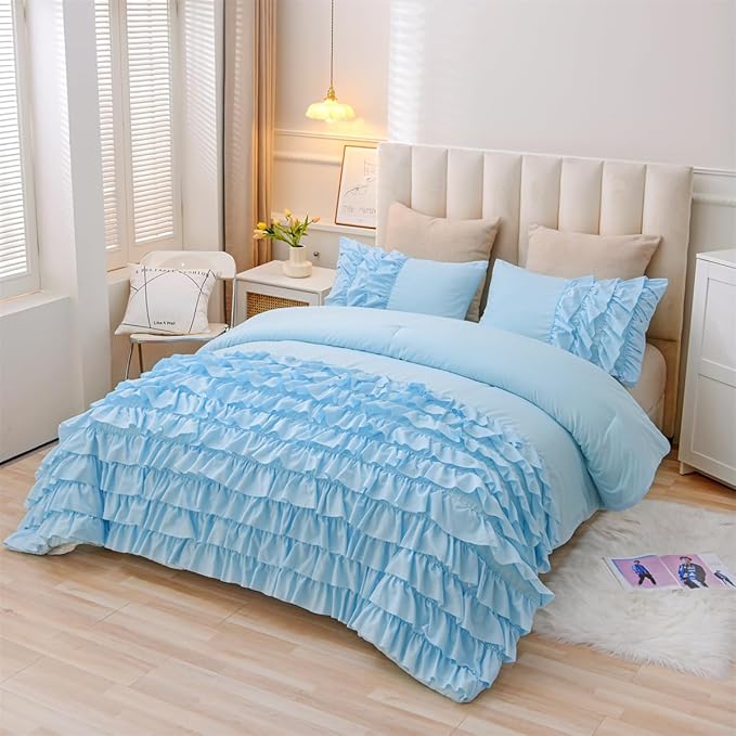 Holawakaka Light Blue Waterfall Ruffle Comforter Set, Full Size Shabby Chic Ruffled Bedding Set for Girls Women, Kids Teens Ruched Dorm Bed Set 3 Pieces