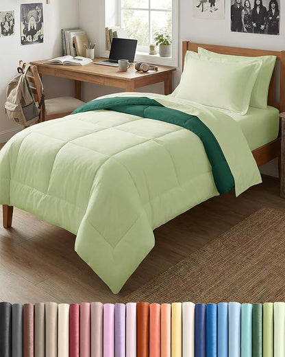 Twin XL Comforter Set - 5 Piece Bed in a Bag Twin XL Size Bed Set - Down Alternative Comforter, Flat Sheet, Fitted Sheet, Pillowcase & Sham for All Seasons - Soft and Breathable - Light Sage/Emerald