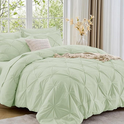 Sasttie Full Size Comforter Set, 7-Piece Bed in a Bag, Pintuck Bedding Sets for All Season, Includes Comforter, Flat Sheet, Fitted Sheet, Pillowcases and Pillowshams, Mint