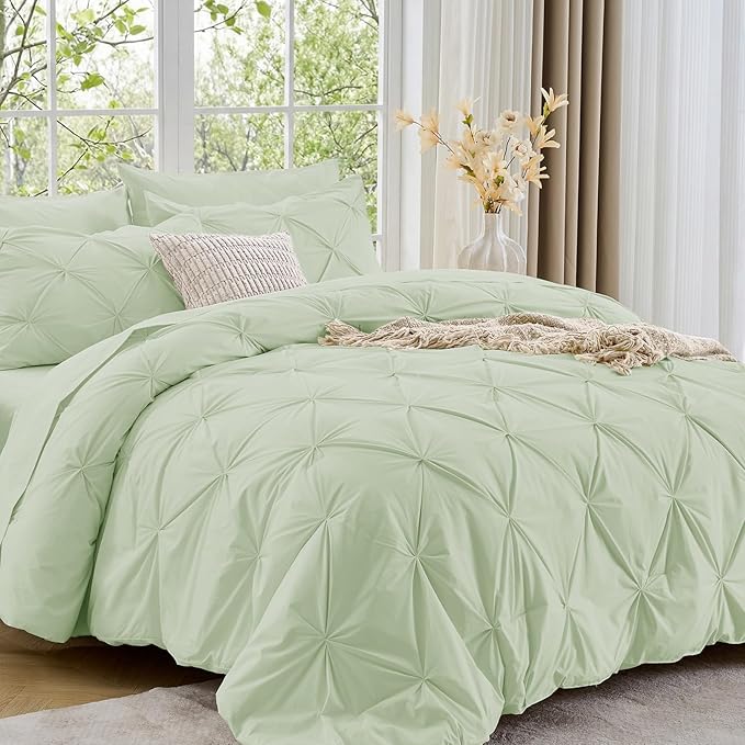 Sasttie California King Comforter Set, 7-Piece Bed in a Bag, Pintuck Bedding Sets for All Season, Includes Comforter, Flat Sheet, Fitted Sheet, Pillowcases and Pillowshams, Mint