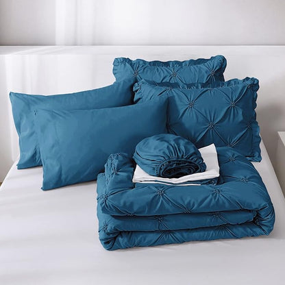JOLLYVOGUE King Size Comforter Set 7 Pieces, Teal Bed in a Bag Comforter Set for Bedroom, Beddding Sets with Comforter, Sheets,Ruffled Shams & Pillowcases