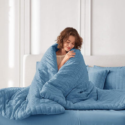 MUXHOMO 7 Pieces Queen Comforter Set, Seersucker Bed in a Bag Queen Size, All Season Luxury Bedding Set with Comforter, Flat Sheet, Fitted Sheet, Pillowcases & Shams, Mineral Blue