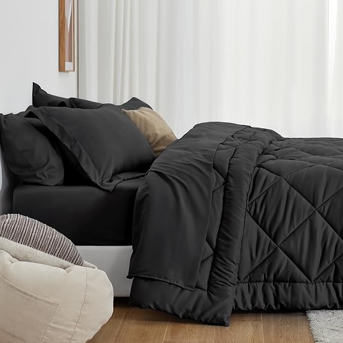 Love's cabin California King Comforter Set Black, 7 Pieces California King Bed in a Bag, All Season Bedding Sets with 1 Comforter, 1 Flat Sheet, 1 Fitted Sheet, 2 Pillowcase and 2 Pillow Sham