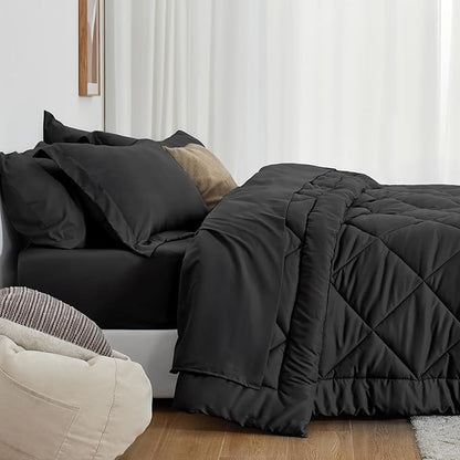 Love's cabin Full Comforter Set Black, 7 Pieces Full Bed in a Bag, All Season Bedding Sets with 1 Comforter, 1 Flat Sheet, 1 Fitted Sheet, 2 Pillowcase and 2 Pillow Sham