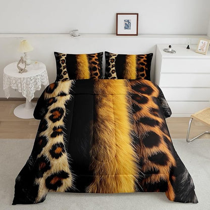 jejeloiu 3D Gold Leopard Bedding Set Queen Size Adult Leopard Comforter Set for Boys Girls Animal Print Duvet Set Wild Animal Fur Quilt Set 3Pcs
