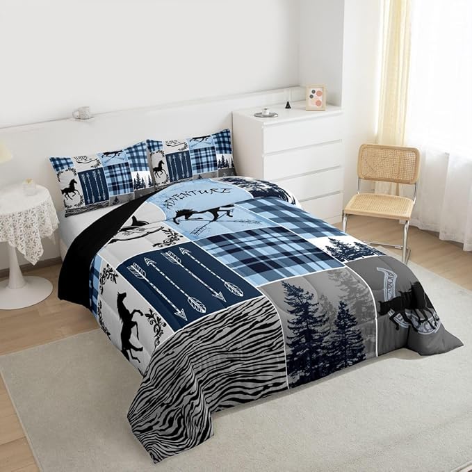 Erosebridal Kids Horse Comforter Set, Southwest Horseshoe Bedding Set Vintage Western Riding Boots Quilt Arrow Forest Plaid Patchwork Bedding Comforter Set Rustic Farmhouse Lodge Bedroom Decor, Queen