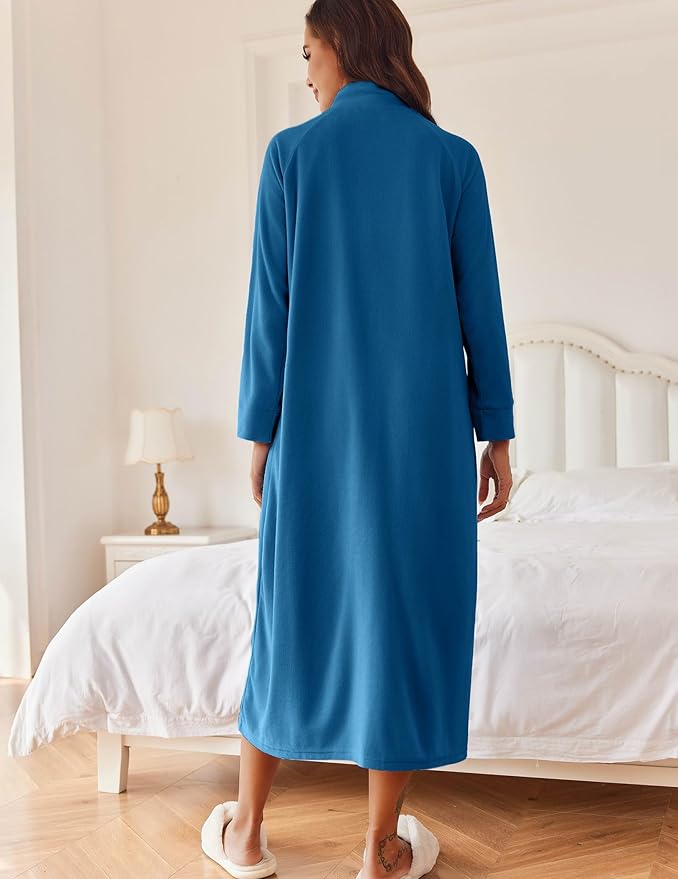 Ekouaer Women Zipper Robe Long Sleeves House Coat Soft Bathrobe Sleepwear with Pockets Housecoat Loungewear