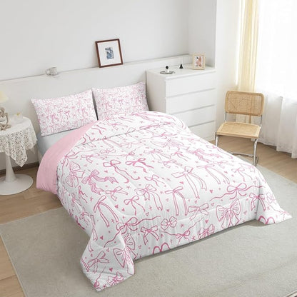 Pink Bowknot Kids Girls Comforter Set Full Size,Cartoon Hand Drawn Stars Love Bow Quilt Set,Sweet Princess Style Bedding Set for Teens Woman Room Decor,Dreamy Pink White Duvet Insert 3Pcs