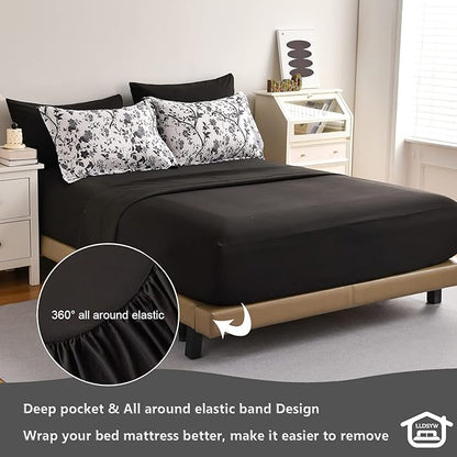 King Size Comforter Set - 7 Pieces Bed in a Bag Soft Microfiber Bedding Comforter Set Leaves Floral Pattern on White Comforter Sets with Sheets for All Seasons (King, Black)