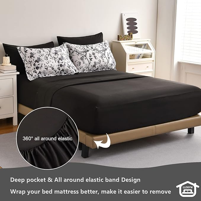 Comforter Set for Queen Bed -7 Pieces Bed in a Bag Soft Microfiber Bed Set Black Leaves Floral Pattern on White Spring Queen Comforter Sets with Sheets for All Seasons (Queen, Black)