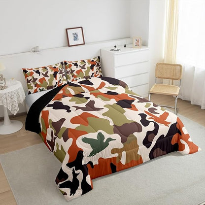 Erosebridal Camouflage Comforter Set Queen Size Camo Bedding for Kids Hunting Farmhouse Camping Comforter Vintage Green Army Room Decor Wild Duck Rustic Animal Duvet Set