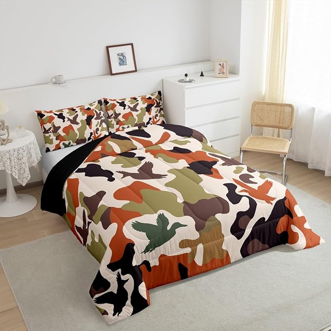 Erosebridal Camouflage Comforter Set King Size Camo Bedding for Kids Hunting Farmhouse Camping Comforter Vintage Green Army Room Decor Wild Duck Rustic Animal Duvet Set