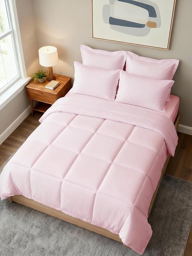 Full Comforter Set - 7 Piece Bed in a Bag Full Size Bed Set - Down Alternative Comforter, Flat Sheet, Fitted Sheet, Pillowcase & Shams for All Seasons - Ultra Soft, Comfy & Breathable - Lavender Pink