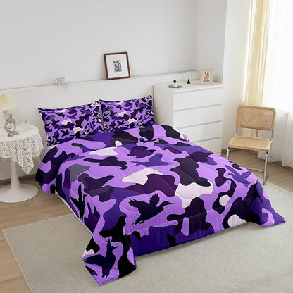 Erosebridal Duck Hunting Duvet Insert Twin Duck Hunter Bedding for Kids Girls Army Camouflage Hunting Bedding Comforter Sets Vintage Purple Black Room Decor Wild Animal Duck Rustic Comforter Set