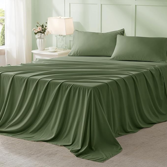 Anluoer Olive Green California King Comforter Set 7 Pieces, Bed in a Bag with Sheets, All Season Bedding Sets with 1 Comforter, 2 Pillow Shams, 2 Pillowcases, 1 Flat Sheet, 1 Fitted Sheet
