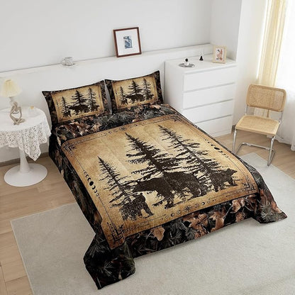 Erosebridal Tree Camo Cabin Comforter Set Twin Rustic Farmhouse Bedding Sets Camouflage Hunting Wildlife Bear Bedding Comforter Sets for Boys Teen Men,Woodland Pine Tree Animal Quilt Set 2 Pcs