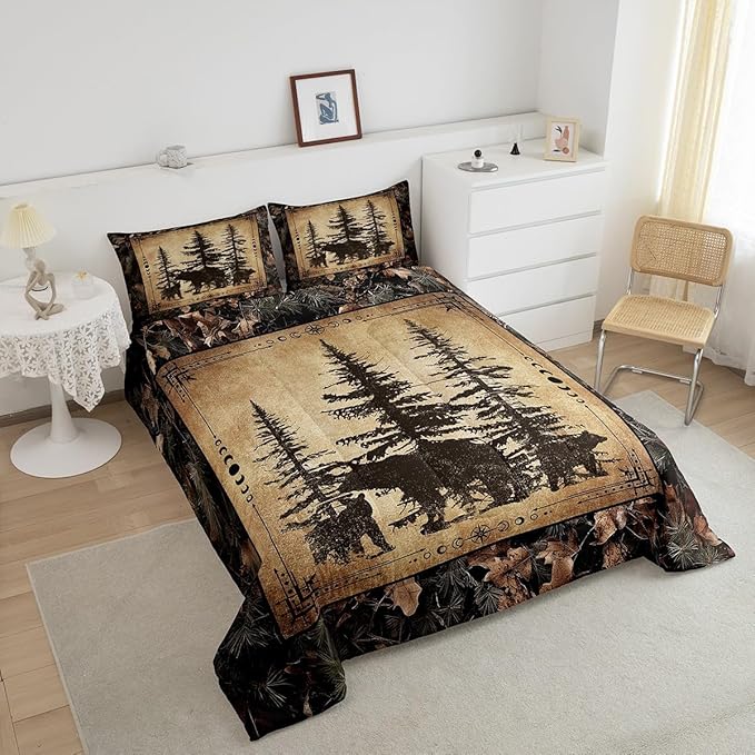 Erosebridal Tree Camo Cabin Comforter Set Toddler Rustic Farmhouse Bedding Sets Camouflage Hunting Wildlife Bear Bedding Comforter Sets for Boys Teen Men,Woodland Pine Tree Animal Quilt Set 2 Pcs