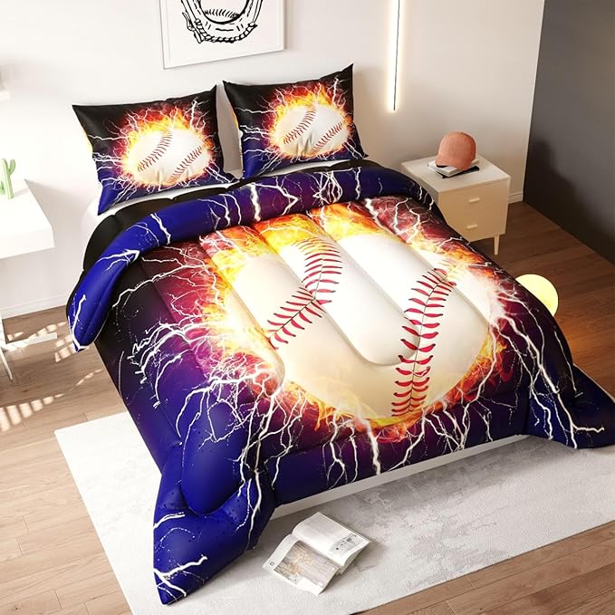 Baseball Comforter Set, 3D Sports Pattern for Kids Teens Adults,Decorative Bedding Comforter Sets with 2 Pillow Shams, Twin Size