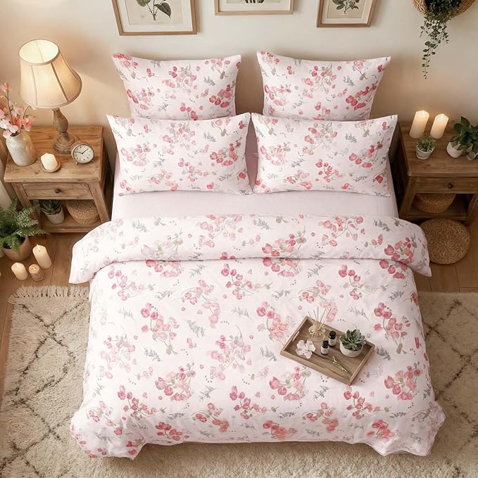 Nayoroom Pink Floral Comforter Set Queen Size Spring Botanical Blooms Flower Comforter 3 Pieces Soft Lightweight Aesthetic Bedding Set for All Seasons