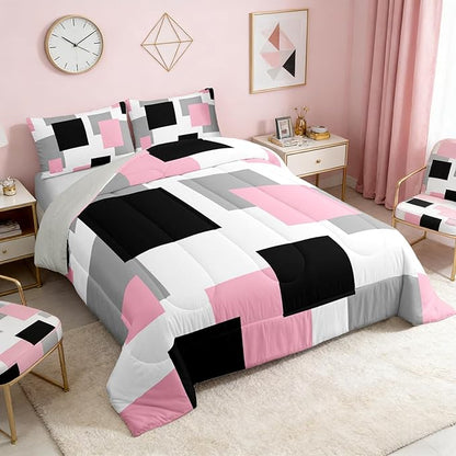 Castle Fairy Pink Black White Comforter Set Toddler Size,Geometric Grid Square Splicing Bedding Set for Kids Teens,Modern Abstract Down Comforter,2 Pcs 1 Pillowcase