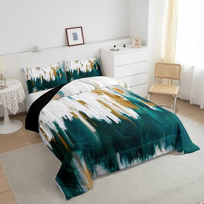 Erosebridal Teal Comforter Full Graffiti Ombre Bedding Set, Brush Strokes Oil Painting Down Comforter Modern Contemporary Bed Set, Chic Vintage Abstract Gradient Quilted Duvet 3 Pieces