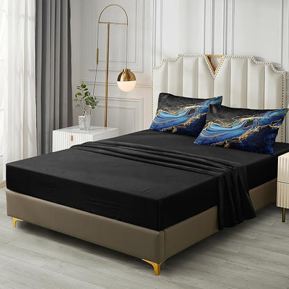 Black Gold Bedding Blue Marble Comforter Set 8 Pieces King Bed in a Bag with 1 Black and Blue Comforter, 1Flat Sheet, 1 Fitted Sheet, 4 Pillowcases, 1 Marble Cushion Cover