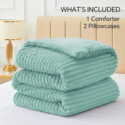 BEDELITE Fleece Queen Comforter Set -Super Soft & Warm Fluffy Haze Blue Bedding, Luxury Fuzzy Heavy Bed Set for Winter with 2 Pillow Cases