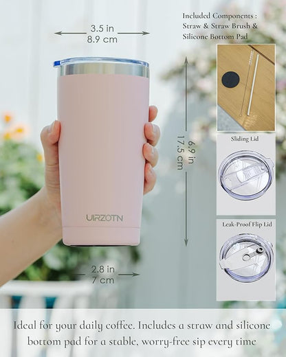 Travel Coffee Tumbler 20oz, Leakproof Travel Coffee Mug with Dual Lids and Straw, Stainless Steel Double Wall Vacuum Insulated Tumbler for Hot/Iced Drinks (Soft Pink, Textured Matte)