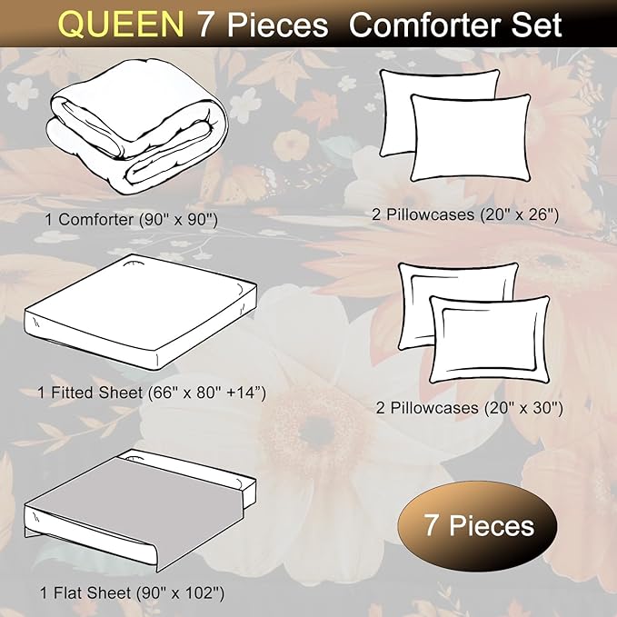EVENHUG Queen Comforter Set 7 Pieces Lightweight Soft Queen Size Comforters for All Season Floral Bedding Sets Bed in a Bag with Flat Sheet and Fitted Sheet Pillowcases (90"x90")