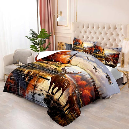 LUVIVIHOME 3PCS Deer Comforter Set Queen Size, Mallard Duck Elk Moose Lake Mountain Fall Tree Forest Animal Wildlife Hunting Hunter Country Lodge Rustic Farmhouse Cabin Bedding Sets, 2 Pillow Shams