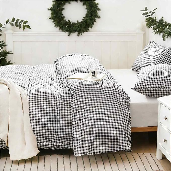 ETDIFFE Black Gingham Comforter Set King Size, 3 Piece Boho Grid Bedding Set - Soft and Lightweight Buffalo Checkered Plaid Microfiber Down Alternative Bed Comforter (104x90)
