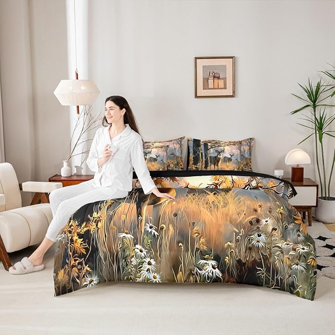 Erosebridal 7 Pcs Cute Deer Comforter Set for Kids Boys Girls Full Size - Woodland Hunting Deer Bedding Set with Sheets Woodland Wild Animal Bed in A Bag Farmhouse Rustic Cabin Lodge Duvet Insert