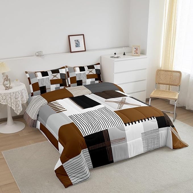 Erosebridal Brown Grey King Comforter Set for Boys Men Black White Abstract Bedding Set for Kids Adults Geometric Square Quilt Grids Checkered Duvet Insert Modern Fashion Room Decor 3 Pcs