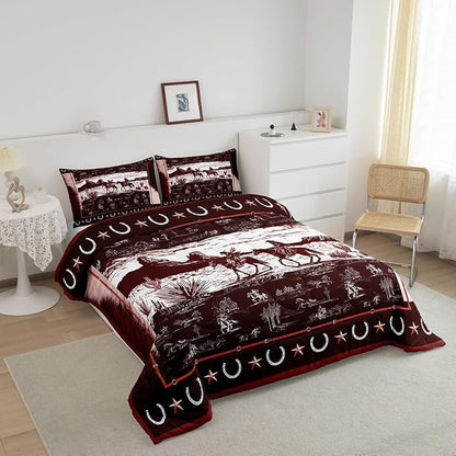 Feelyou Western Aztec Comforter Set Toddler Size Horse Cowboy Bedding Set for Boys Men Kids Teens Rustic Western Decor Country Wild West Down Comforter Red Duvet Set with 1 Pillowcase