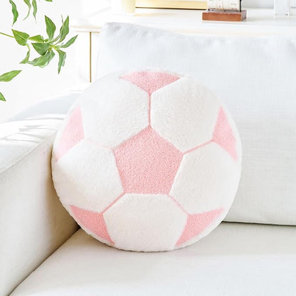 Soccer Pillow,12" Soccer Shaped Pillow Butt Cushion Seating Cushion with Faux Rabbit Fur,Round Soccer Throw Pillow Room Décor for Sofa Couch Living Room (Light Pink)