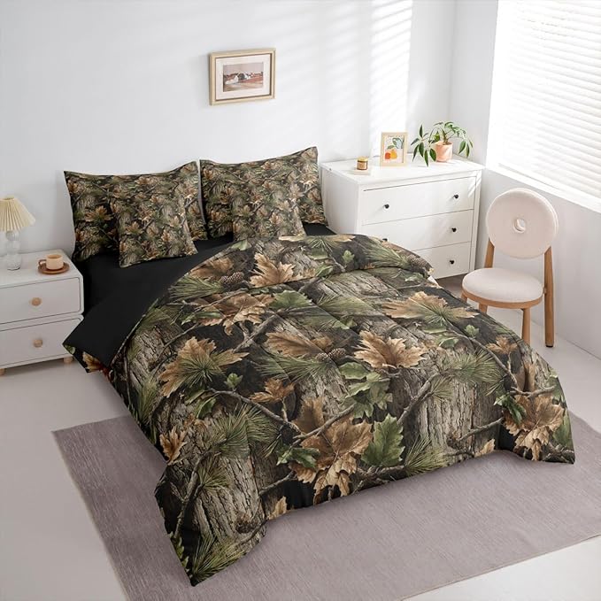 Erosebridal Camo Hunting 7 Piece Bedding Set Twin Rustic Camouflage Comforter Set with Sheets Woodland Cabin Tree Leaves Bed in a Bag Camping Farm House Bed Sets Comforter