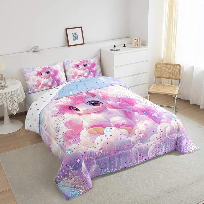 Unicorn Comforter Set Queen Size,Kawaii Unicorn Clouds Bubbles Bedding Set for Girls Bedroom Decoration,Rainbow Glitter Galaxy Bed Duvet Insert,Colorful Dream Sky Comforter with 2 Pillowcases