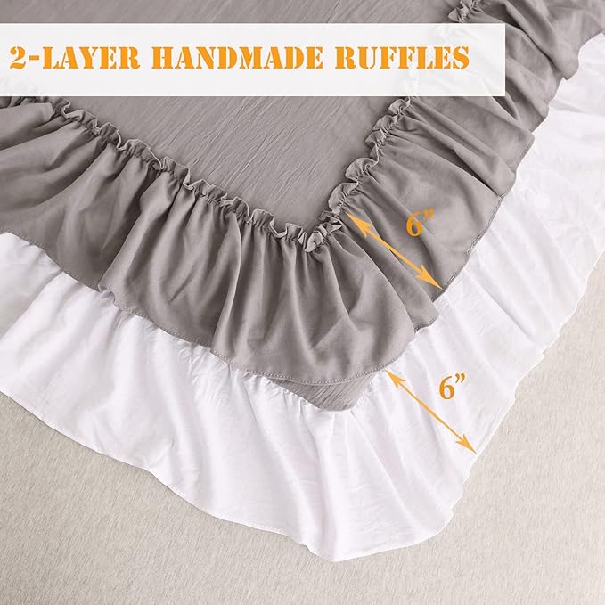 Masaca Ruffle Queen Comforter Set,Grey White Ruffled Comforter Sets for Queen Bed Shabby Boho Chic Farmhouse Bedding Set(1 Ruffle Comforter and 2 Pillowcases)