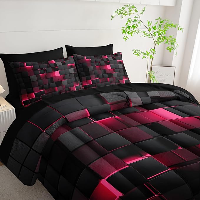 Geometric Pink Black King Comforter Set,Light Honeycomb Bedding Set 7 Piece in A Bag,Bed Sheet Set Geometry Decor,Microfiber Lightweight All Season
