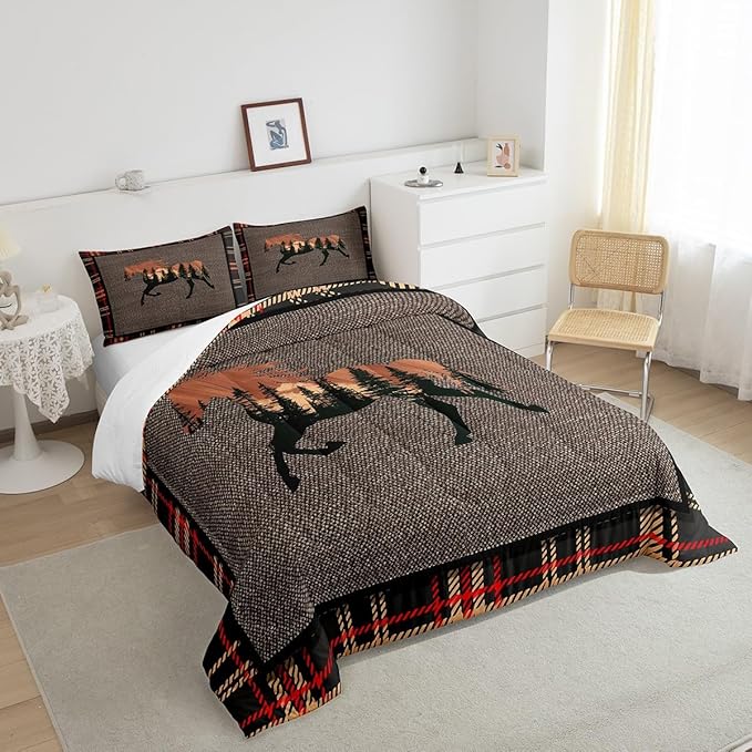 Erosebridal Horse Comforter Set,Rustic Western Cowboy Bedding Set for Teens Kids Adult,Farmhouse Nature Wildlife Bedding Western Room Decor,Plaid Down Comforter,Orange Grey Duvet Set,Queen