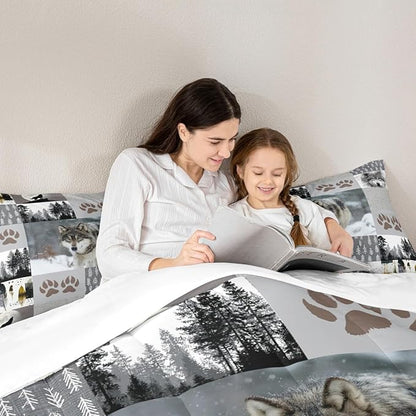Manfei Wolf Kids Comforter Set Full Size,Wolf Paws Print Pine Trees Wild Adventure Bedding Set,Boys Girls Adults Room Decor,Geometric Plaids Patchwork Down Comforter,Rustic Duvet Insert,2 Pillowcases