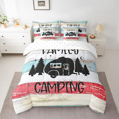 Erosebridal Happy Camping Full Comforter Set Bed in a Bag Family Camping Rv Comforter Set with Wooden Style Sheets(1 Comforter, 1 Flat Sheet, 2 Pillowcases and 2 Throw Pillow Covers)