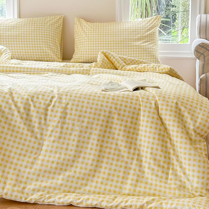 NSNLGSGC Yellow Gingham Cotton Comforter Set Twin, 100% Washed Cotton Plaid Checked Comforter Bedding, 2 Pieces Vintage Farmhouse Grid Bedding Set(Yellow Gingham, Twin)