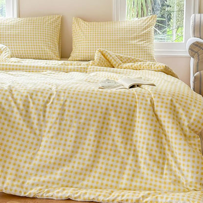 NSNLGSGC Yellow Gingham Cotton Comforter Set Queen, 100% Washed Cotton Plaid Checked Comforter Bedding, 3 Pieces Vintage Farmhouse Grid Bedding Set(Yellow Gingham, Queen)