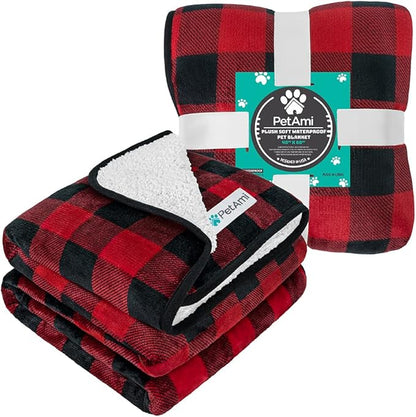PetAmi Waterproof Dog Blanket Sherpa Fleece, Pet for Medium Large Dogs, Reversible Cat Throw Bed Couch Sofa Furniture Protector, Soft Plush Microfiber (Large 40x60, Checker Red) Checkered Red