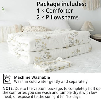 Floral Cotton Comforter King Size - Cream Comforter with Luxrious Grey Branches & Subtle Beige Blossoms,Reversible Lightweight Bedding Sets 3Pcs(104"×90")