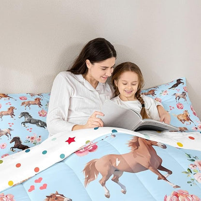 Horse Comforter Set King for Cowboy Cowgirl,Southwest Rose Petal Bedding Set for Youth Adult,Rustic Horse Quilt Set for Bedroom Decor,Vintage Farmhouse Wildlife Down Comforter with 2 Pillowcases